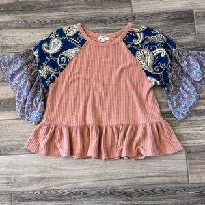Umgee Pink and Blue Paisley Sleeve Shirt